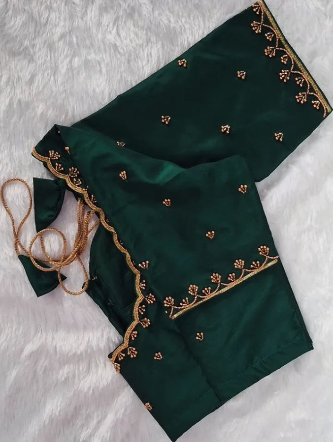 Emerald green silk blouse with gold embroidery, scalloped neckline and dori