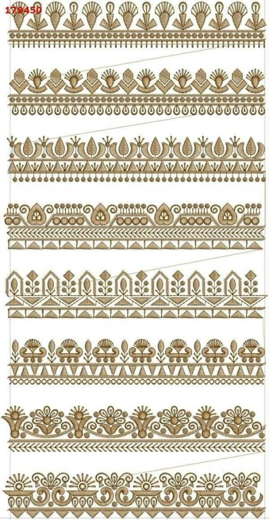 Sample rows of gold embroidery borders for saree and blouse